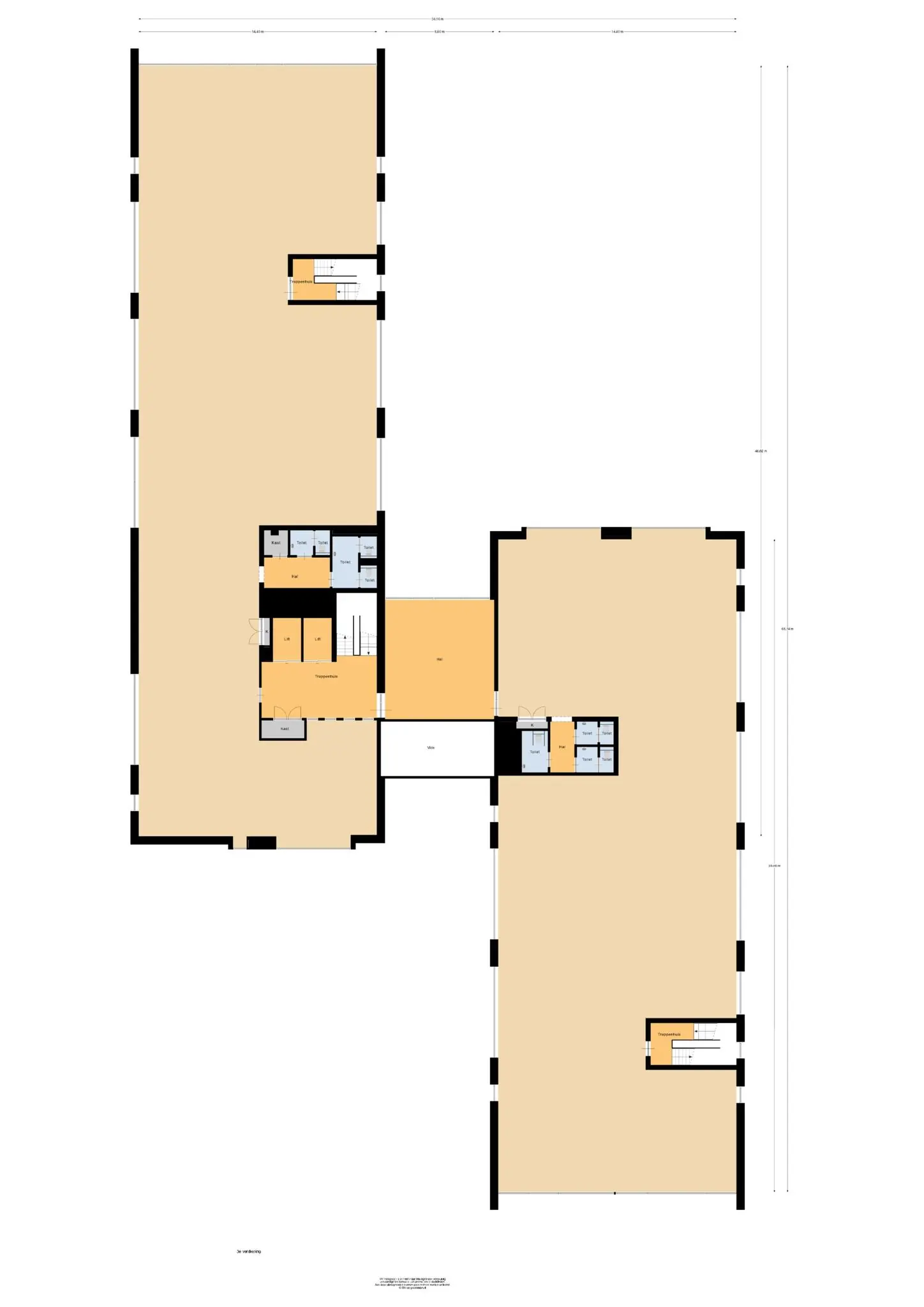 Plattegrond van een bedrijfsruimte aan de Waalhaven O.Z. met meerdere hallen, kantoren en sanitaire voorzieningen.